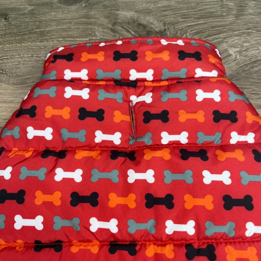 Hotel Doggy Puffer Vest Red Bone Print Fleece Lined Size Small